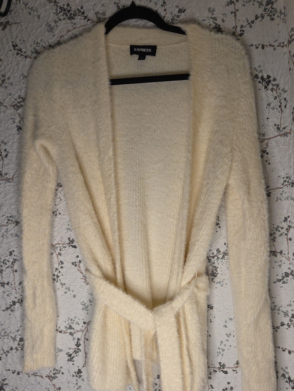 Express Cream Fuzzy Belted Open-Front Cardigan